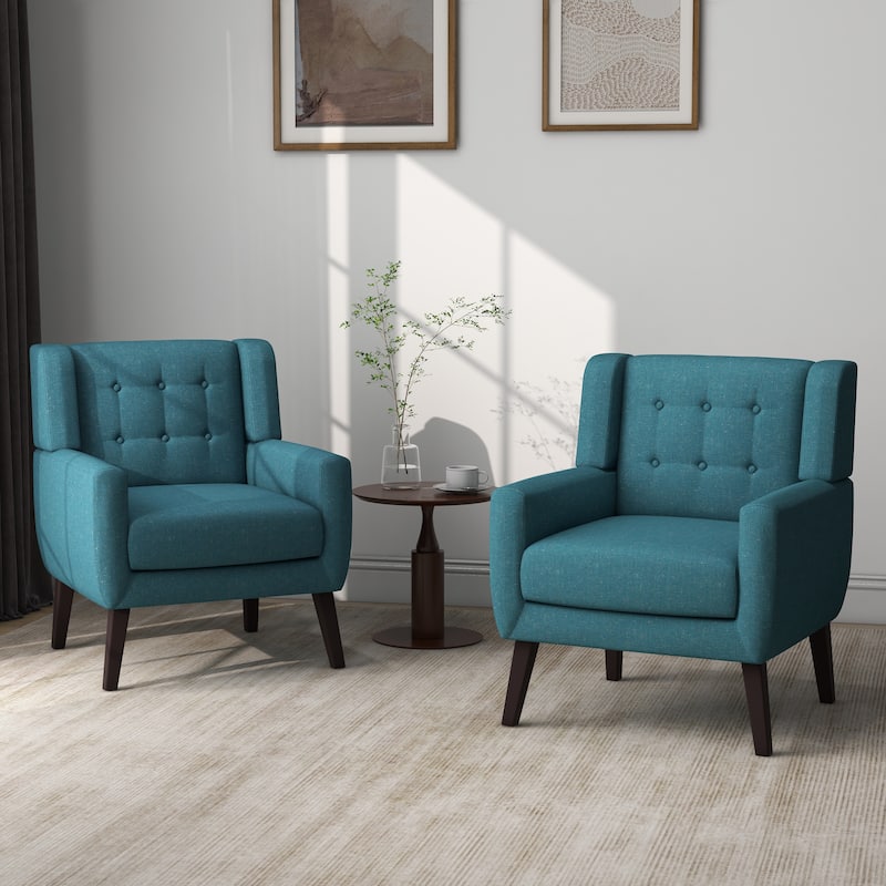 Modern Upholstered Faux Leather Tufted Armchair Linen Accent Chairs - Set of 2 Chairs - Light Blue/Linen