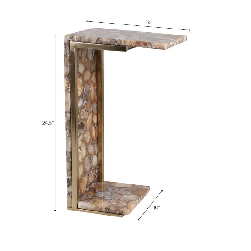 Stone Metal Accent Table Modern C-Shape Glam Finish - 25" Brown - 14" x 10" x 24.75"