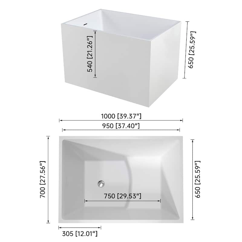 39 in. Freestanding Acrylic Japanese Soaking Bathtub with Drainer, Ultra-Compact Design for Small Bathrooms