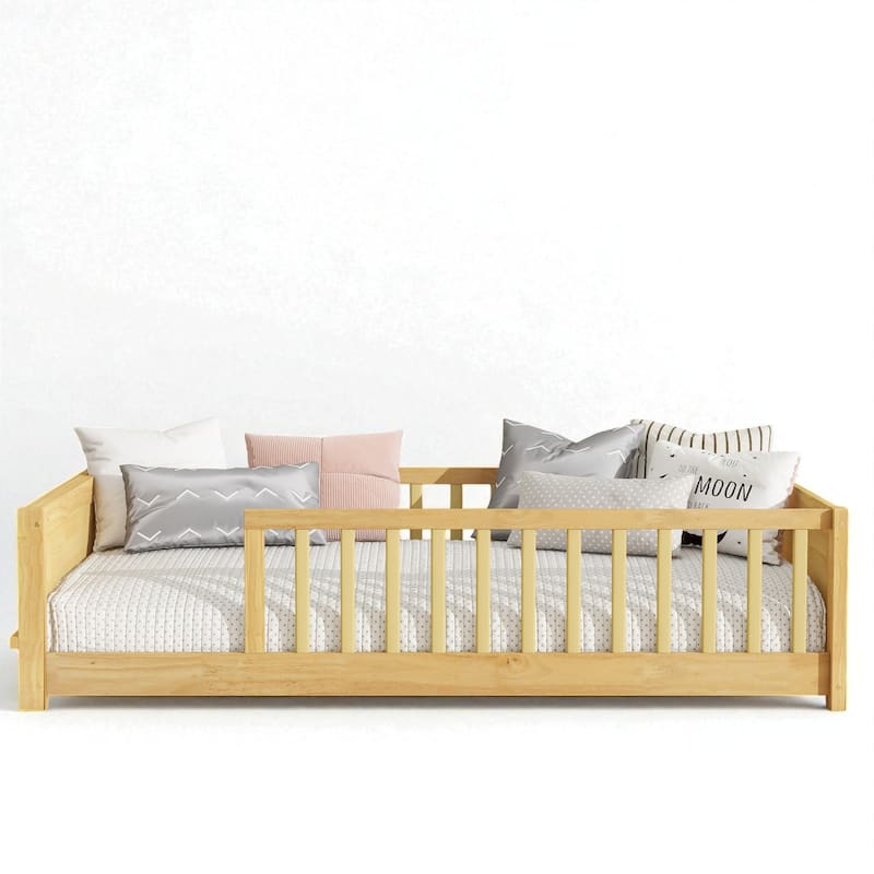 Twin Size Floor Platform Bed with Fence Rail and Built-in Book Rack, Wood Slat Support