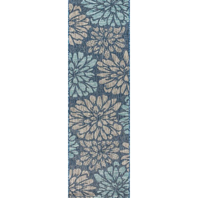 JONATHAN Y Floral Textured Weave Indoor/Outdoor Area Rug - 2 X 10 - Navy/Aqua