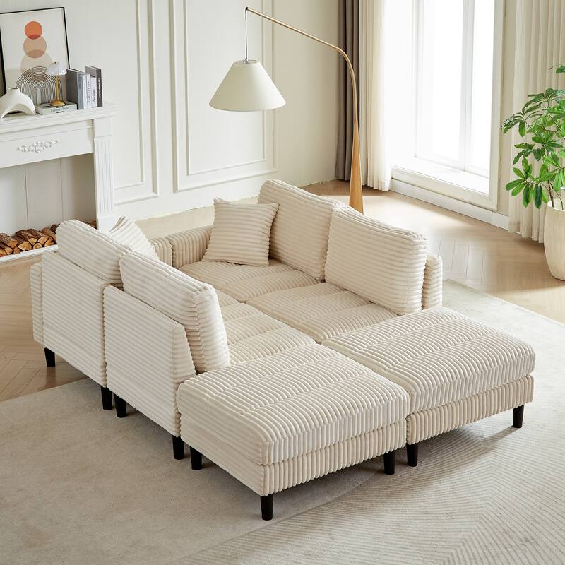 122.5" Corduroy U-Shaped Sectional Sofa with Ottomans & Pillows