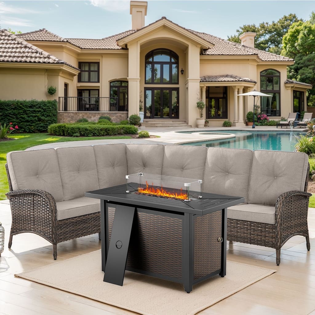 Patio Furniture Set with 43" Fire Pit Table -Beige - Brown