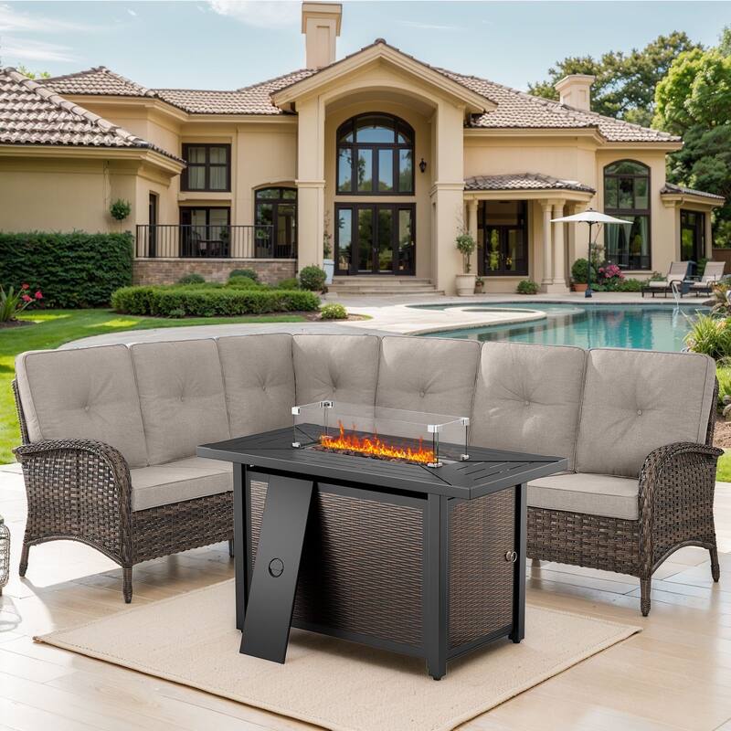 Patio Furniture Set with 43" Propane Gas Fire Pit Table - Beige - Brown
