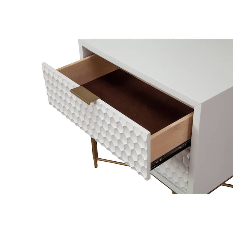 Rexi 26 Inch 2 Drawer Nightstand, Honeycomb, Mahogany Wood, White, Gold