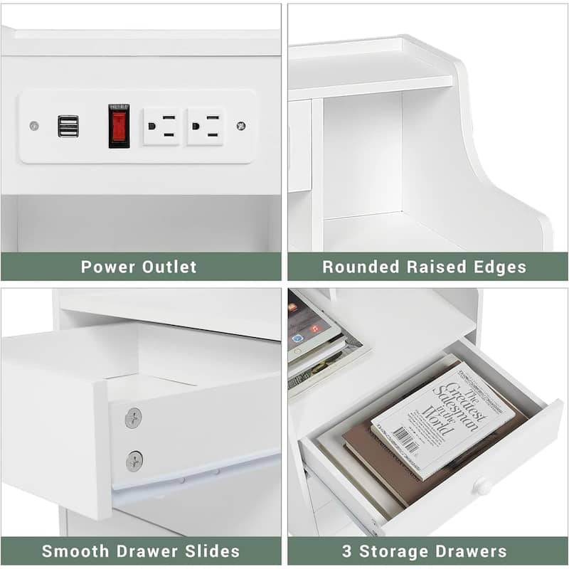 Small Nightstand 3 Drawers Charging Station End Side Table