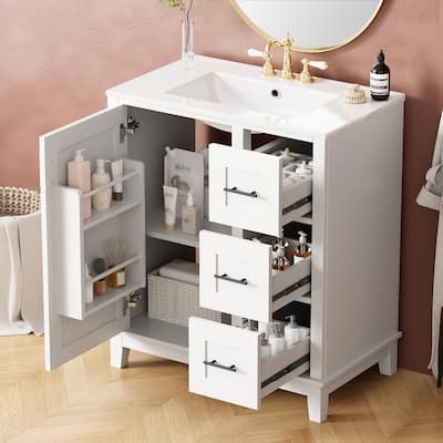 GDFStudio - Tim 30" Modern Bathroom Vanity with Ceramic Sink - Rubberwood Frame, 3 Drawers & Double-Rack Door, Soft-Close