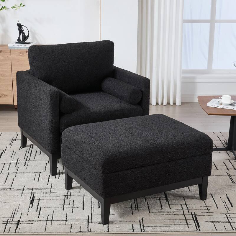 Boucle Armchair with Storage Ottoman - 300lb Capacity, Farmhouse Style - Black - With Ottoman