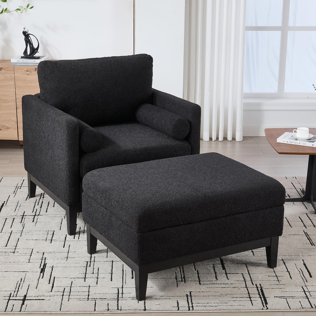 Boucle Armchair with Storage Ottoman - 300lb Capacity, Farmhouse Style