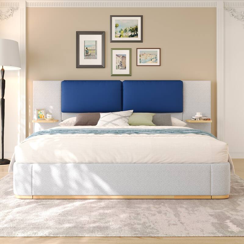 Roomfitters Queen Size Upholstered Platform Bed Frame, Modern Panel Headboard with Rounded Corners, Solid Wood Slats