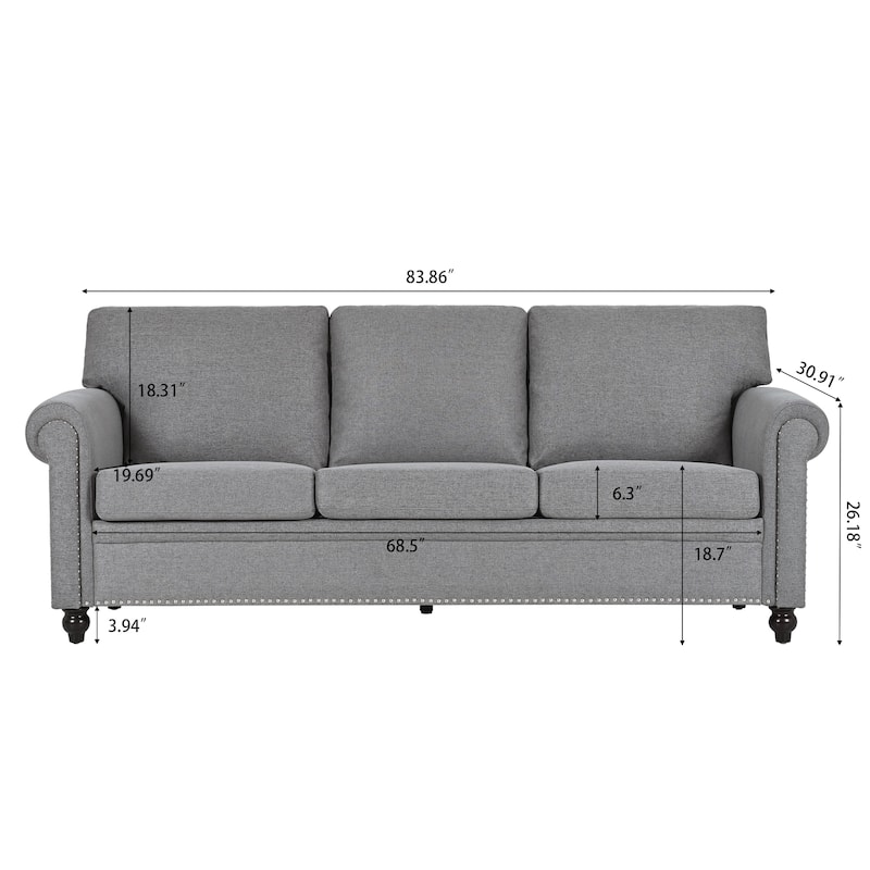 83.86" Fabric Roll-Arm 3-Seater Sofa with Pocket Spring Seat, PP Foam Backrest, and Solid Wood Frame
