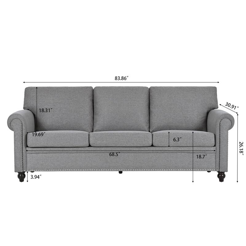 83.86" Upholstered 3-seater Sofa with Nailheads and Birch Feet for Living Room