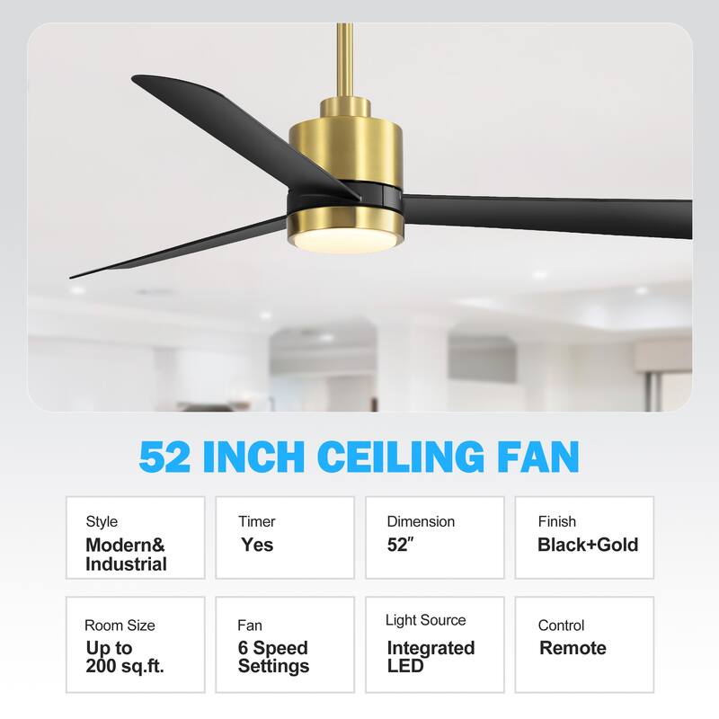 52-In LED Black/White/Gold Ceiling Fan with Light and Remote Control