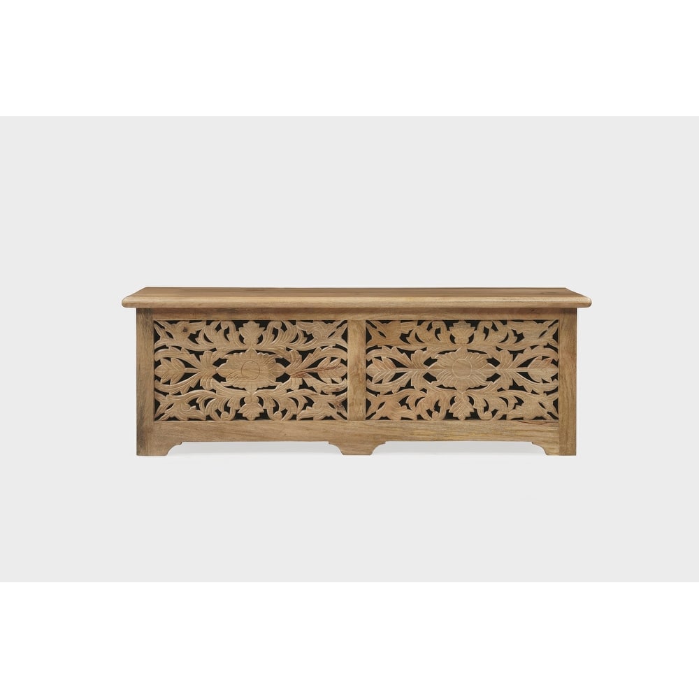 Florence Floral Carved Solid Mango Wood Storage Ottoman with Lift-Top
