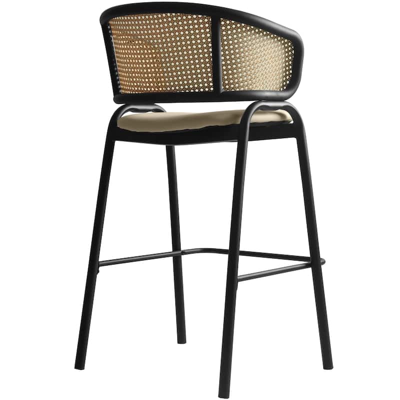 LeisureMod Ervilla Modern Wicker Leather Bar Stool with Curved Back & Stainless Steel Frame for Home & Kitchen