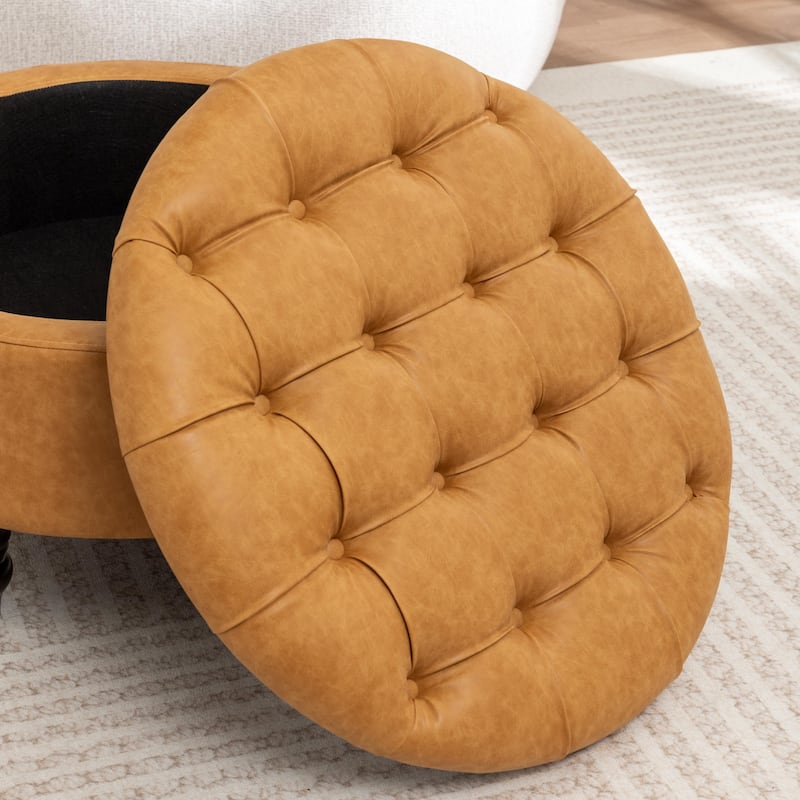 SEYNAR 29.5''Modern PU Leather Round Storage Ottoman with Wood Legs