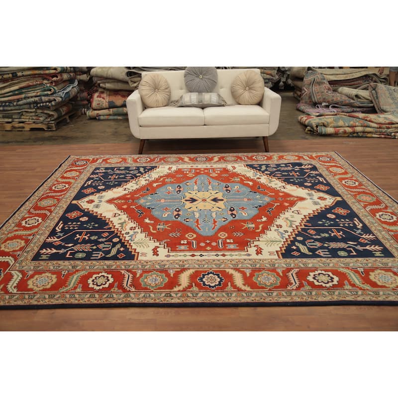 Hand Knotted Oriental 100% Wool Carpet Traditional Medallion Oranges & Rust Heriz (serapi) Area Rug - 9' 10'' X 8' 0''