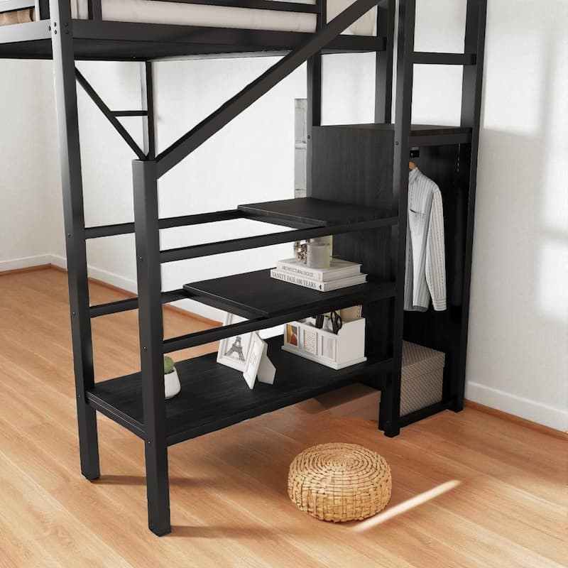 Twin XL Metal Loft Bed with Stairs, Storage Shelves and Wardrobe, High Loft Bed with Under-Bed Space