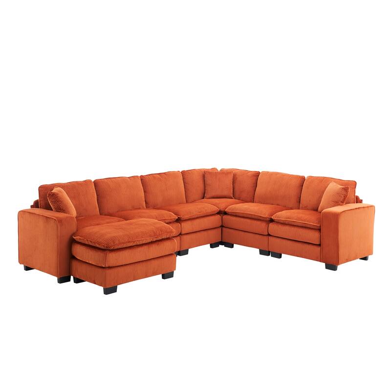 Modern U Shaped 6-seat Sectional Corduroy Sofa Couch with one Ottoman and three toss pillows ,Modular Sofa for Living Room