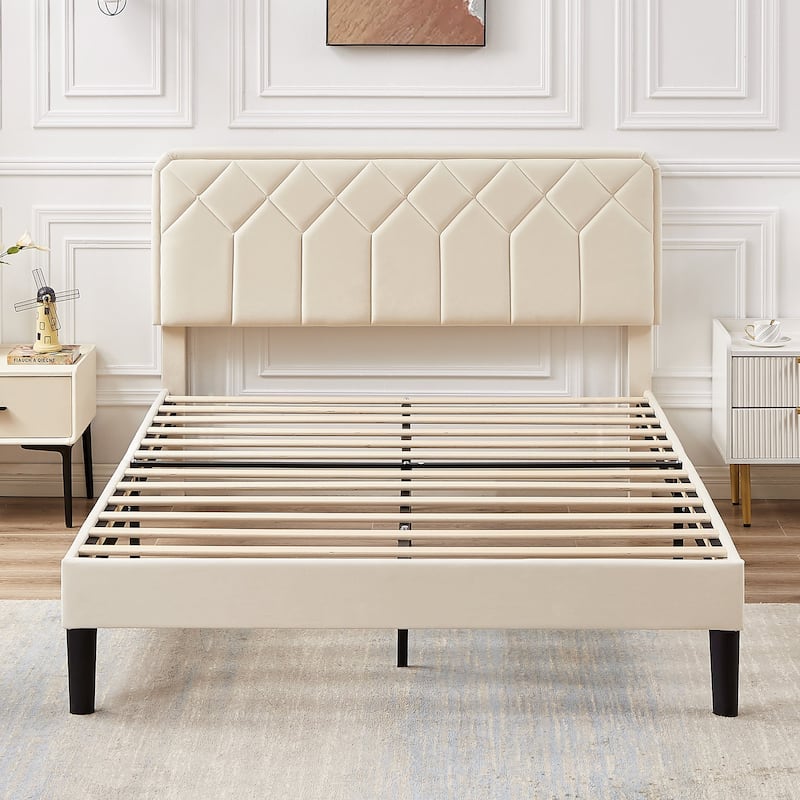 VECELO Upholstered Bed Frame with Adjustable Height Headboard, Twin/Full/Queen Size Beds, Beige