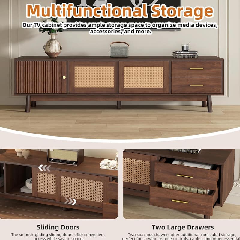 80" Mid Century TV Stand - Rattan Doors, Storage Drawers, Waterproof