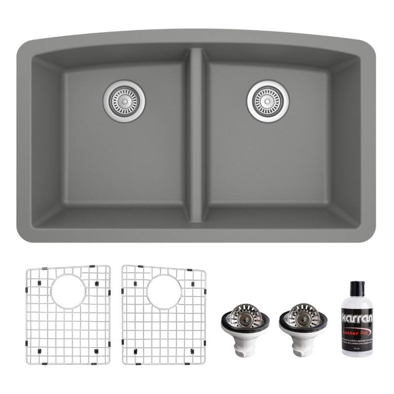 Karran Undermount Quartz 32 in. 50/50 Double Bowl Kitchen Sink Kit