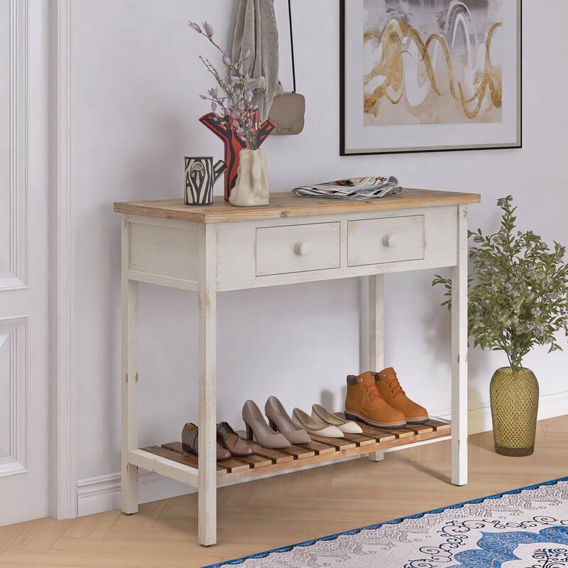 Vintage Distressed Finish Console Table with 2 Drawers and Open Shelf