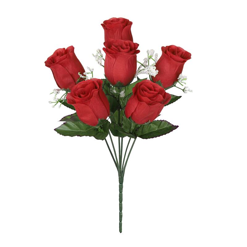 Set of 12 Red Artificial Rose Bud Flower Stem Bush Bouquet 14in - 14" L x 6" W x 6" DP