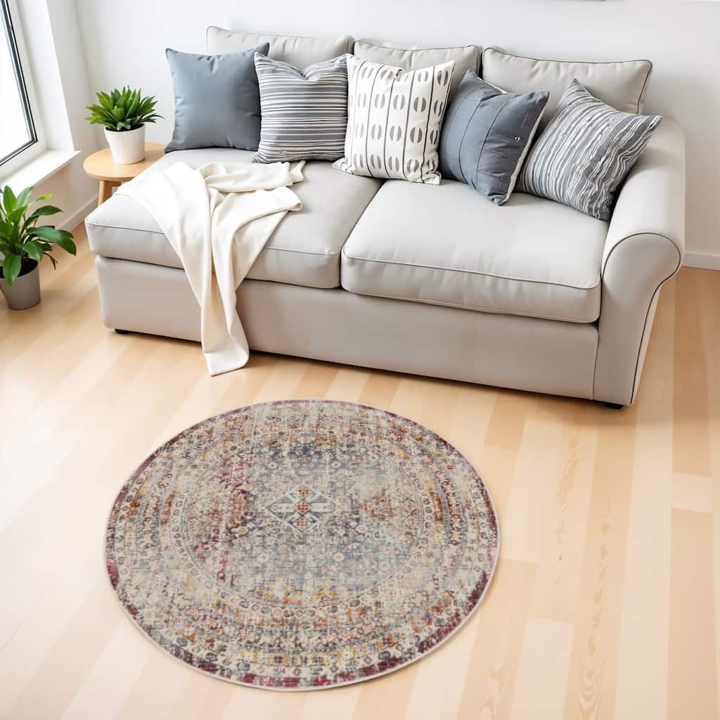 HomeRootsGeometric Traditional Round Area Rug - 48' X '48' X '0.5