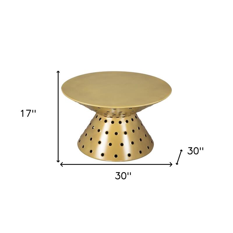 HomeRoots 30" Gold Iron Round Pedestal Coffee Table - 30.00 in. x 17.00 in. x 30.00 in.