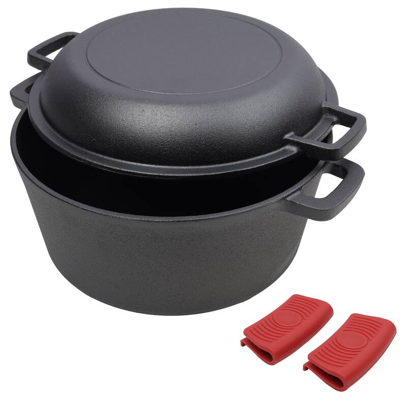 2-in-1 Pre-Seasoned Cast Iron Dutch Oven with 2 Silicone Handle Covers, 5QT Outdoor Camping Deep Pot with Skillet Lid - Black