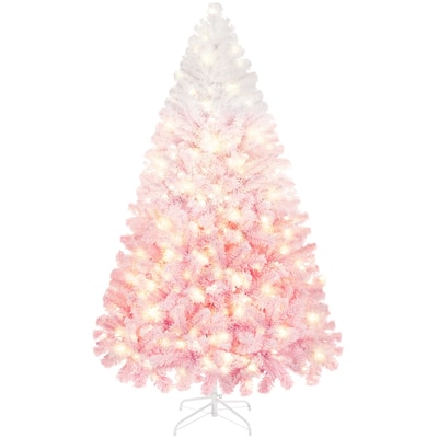 Yaheetech 4.5ft/6ft/7.5ft Pre-lit Flocked Artificial Christmas Tree with Incandescent Warm White Lights, Pink Gradient