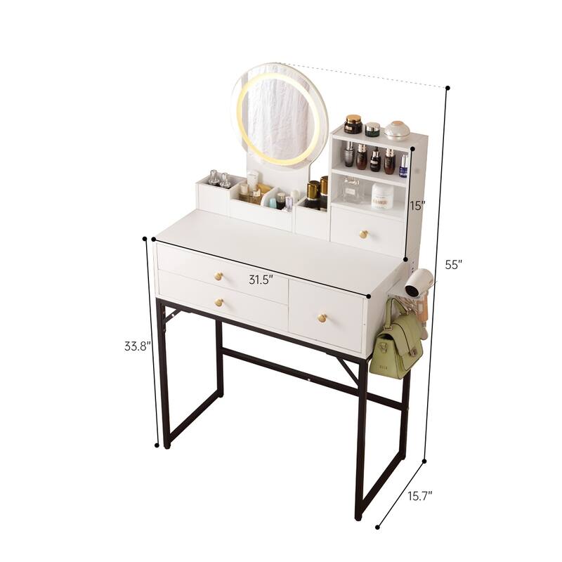Makeup Vanity Table with Lighted Mirror & Power Outlet - Storage Drawers, Bookshelves & Iron Bracket