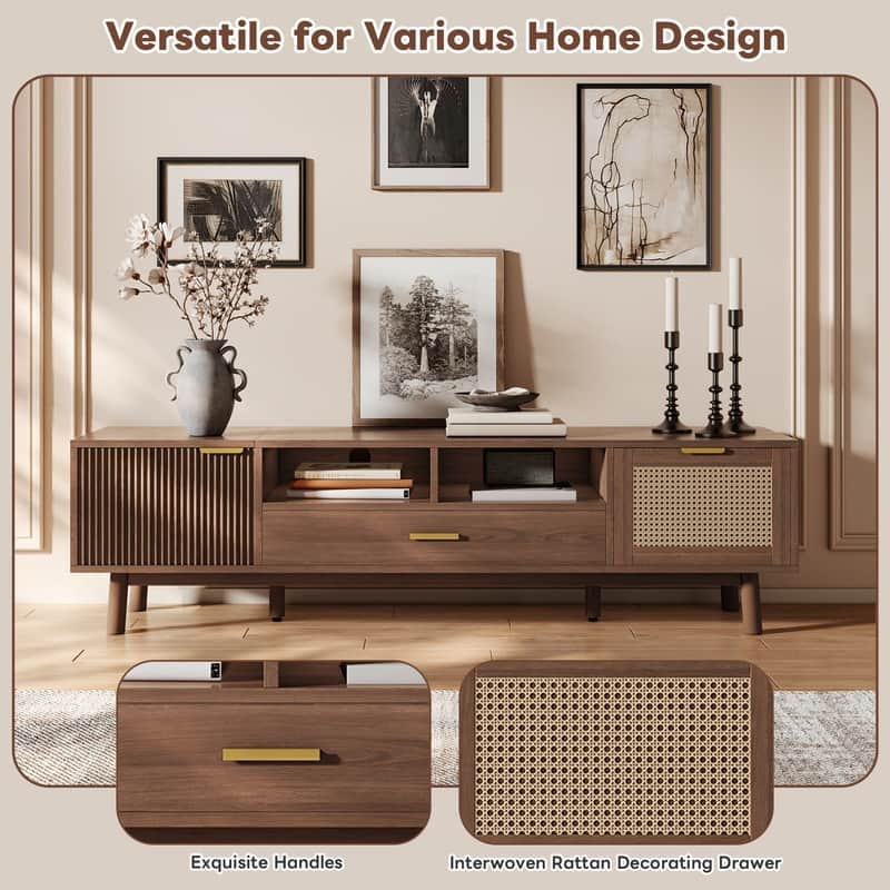 Wood Fashionable TV Stand for 75" TVs, TV Cabinet with Soft-Closing Door and Drop-Down Door Cabinet,Dark Brown