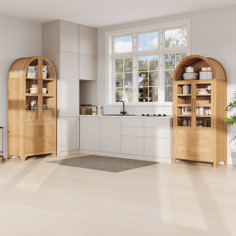 71"Tall Arched Kitchen Pantry Cabinet with Door Shelves, with Open & Adjustable Shelves, Hidden Drawer & Glass Door