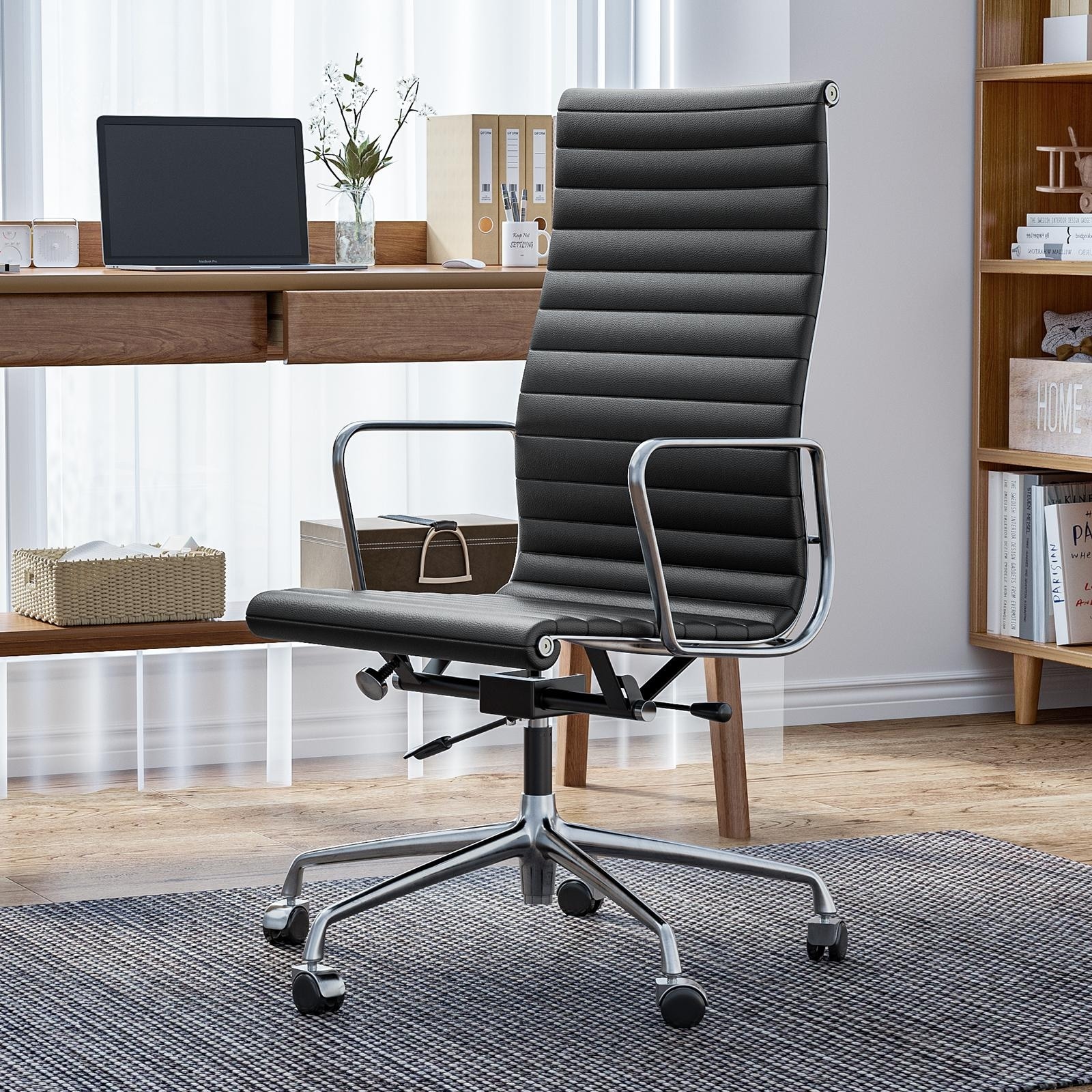 High Back Ergonomic Genuine Leather Ribbed Office Computer Chair