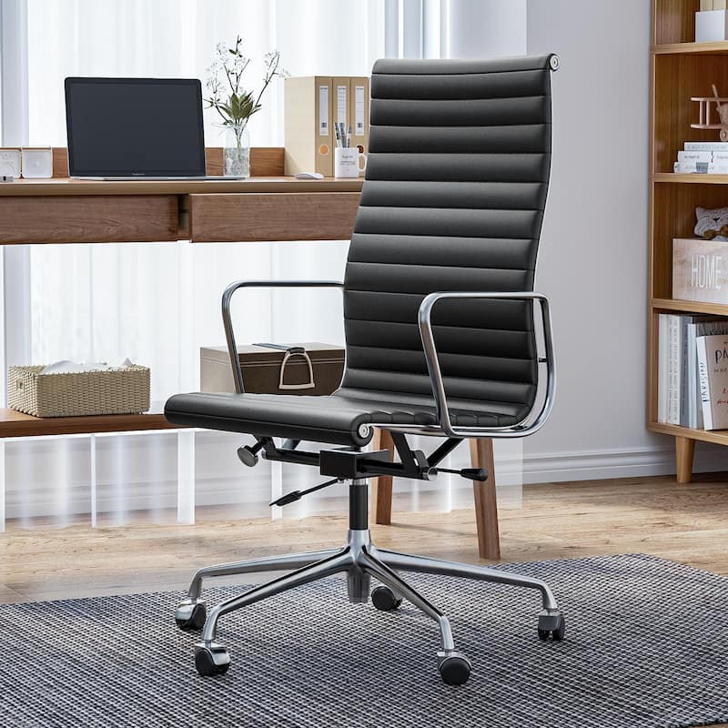 High Back Ergonomic Genuine Leather Ribbed Office Computer Chair - Black