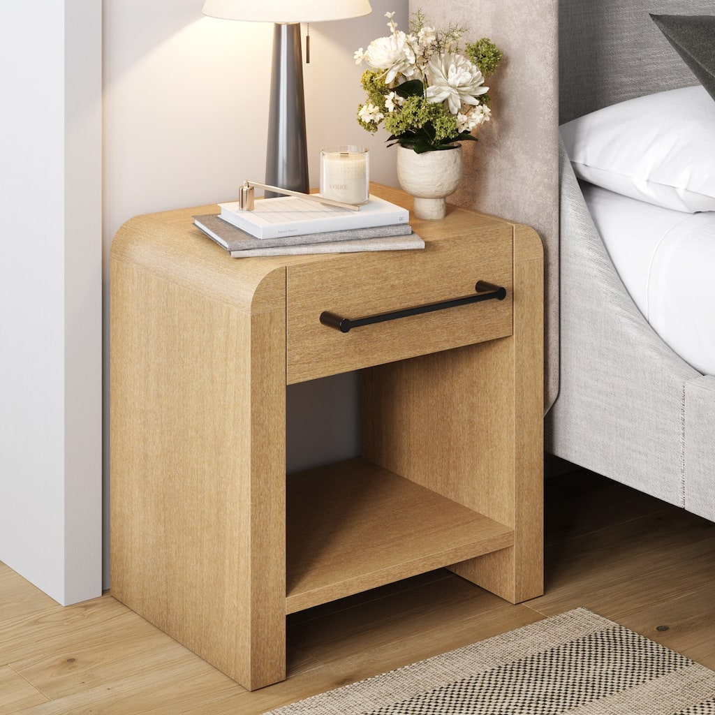 Benjamin 1-Drawer Modern Nightstand, Rustic Bedside Table with Drawer, Rounded Edges with Metal Handle