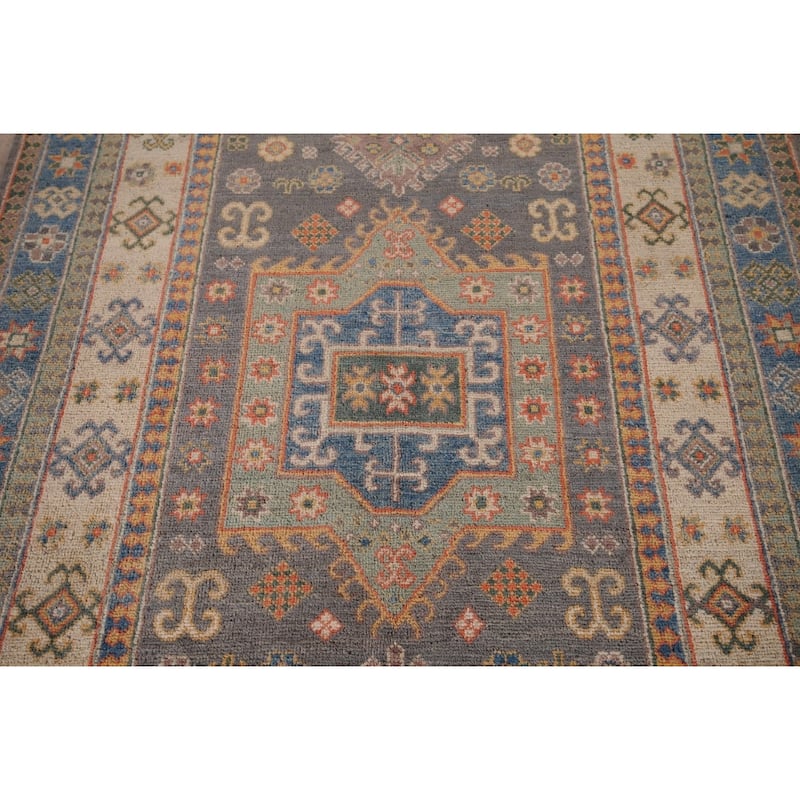 Geometric Kazak Accent Rug Hand-Knotted Wool Carpet - 3'11" x 5'9"
