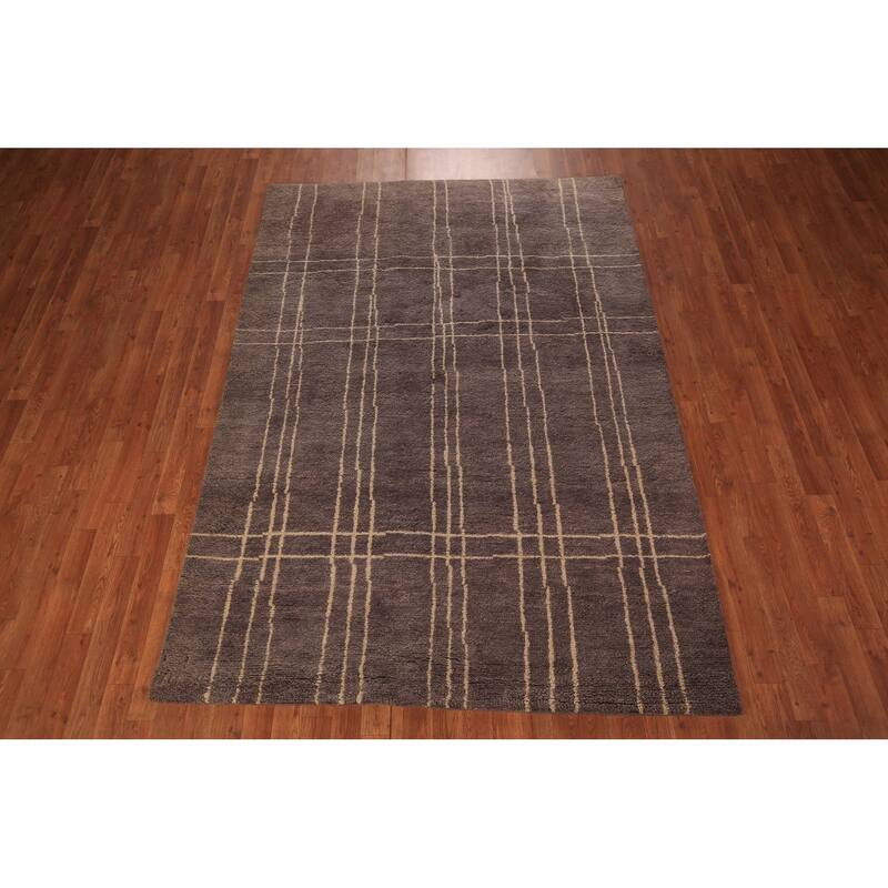 Brown Moroccan Oriental Area Rug Handmade Geometric Wool Carpet - 5'7" x 7'10"