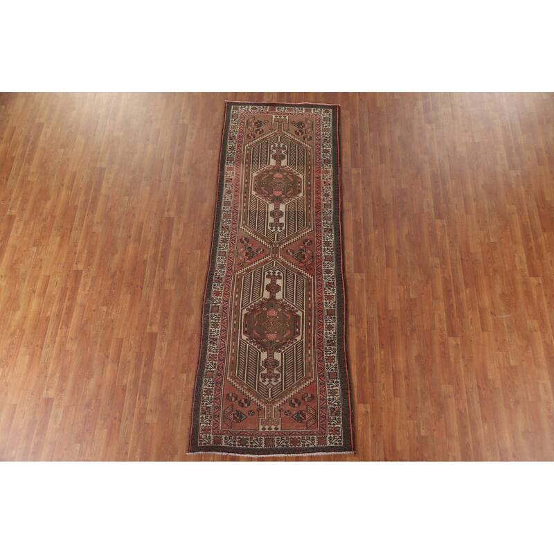 Pink Ardebil Persian Vintage Runner Rug Hand-knotted Wool Carpet - 3'6" x 10'2"