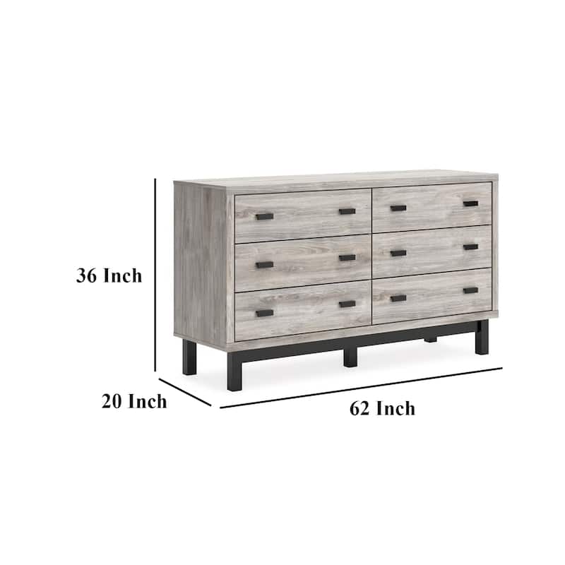 Veso 62 Inch Wide Dresser, 6 Drawers, Modern Light Gray and Black