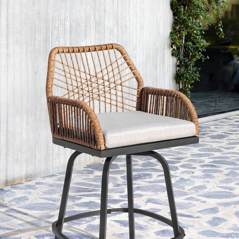 2-Piece Twisted Rattan Patio Bar Stools Set with Cushions, Swivel Design