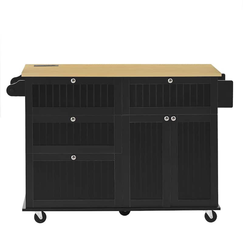 Farmhouse Kitchen Island on Wheels with Drop Leaf, 2 Seating & Power Outlet