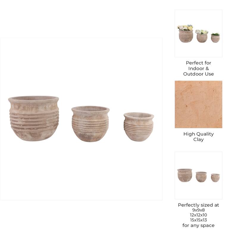 Pottery Planter Ribbed Crafted Durable Earthenware Material (Set of 3) - 15" x 15" x 13"