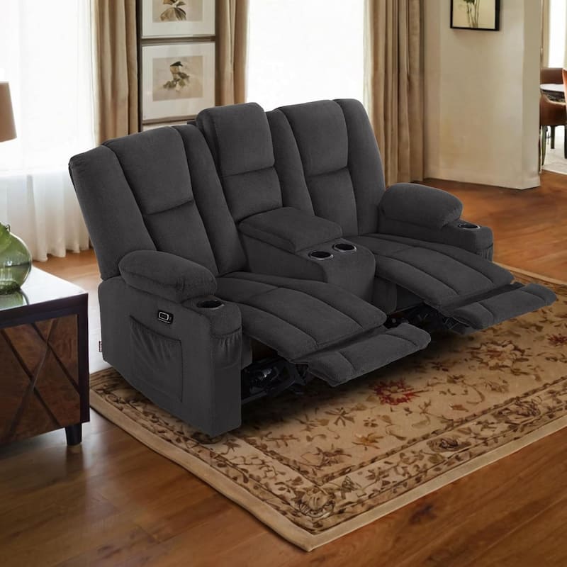 MCombo Electric Power Reclining Sofa with Massage and Lumbar Heat, Fabric 6015/6025/6035/6045 - Loveseat Recliner with Console - Grey