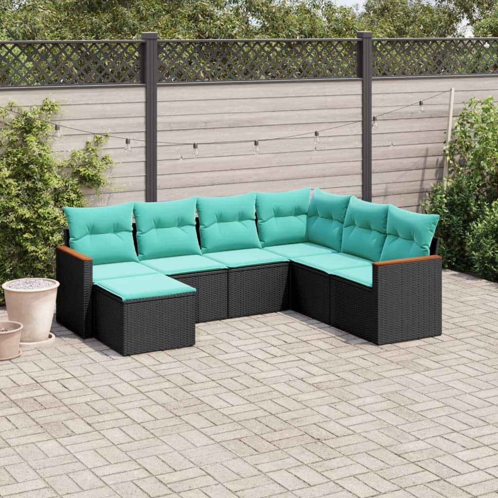 vidaXL 7 Piece Patio Sofa Set with Cushions Black Poly Rattan