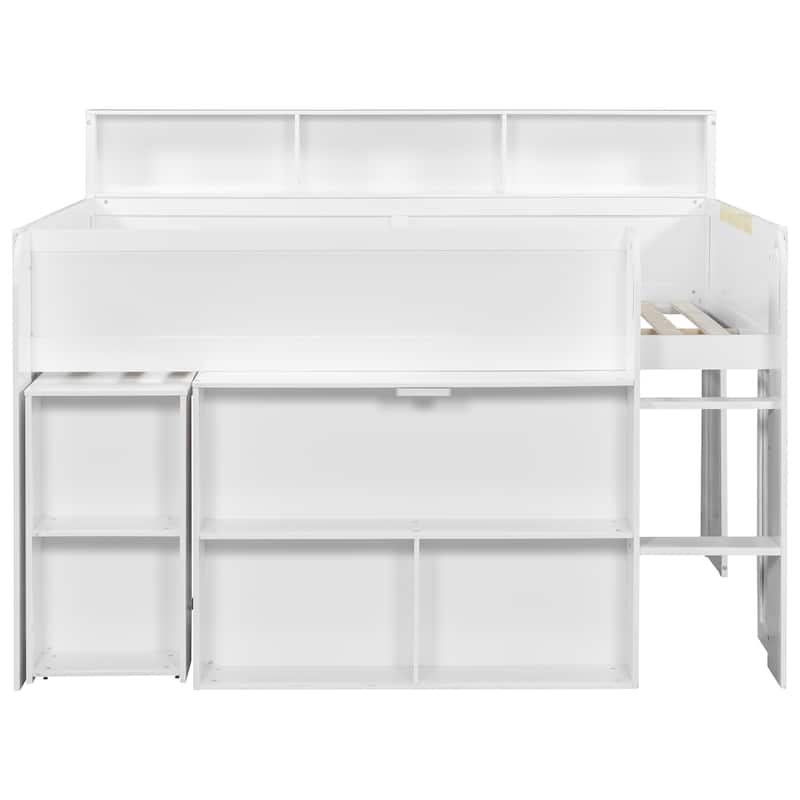 Full Size Wood Kids Loft Bed Frame with Pull-out Desk, Multiple Storage Bookshelf Built-in LED