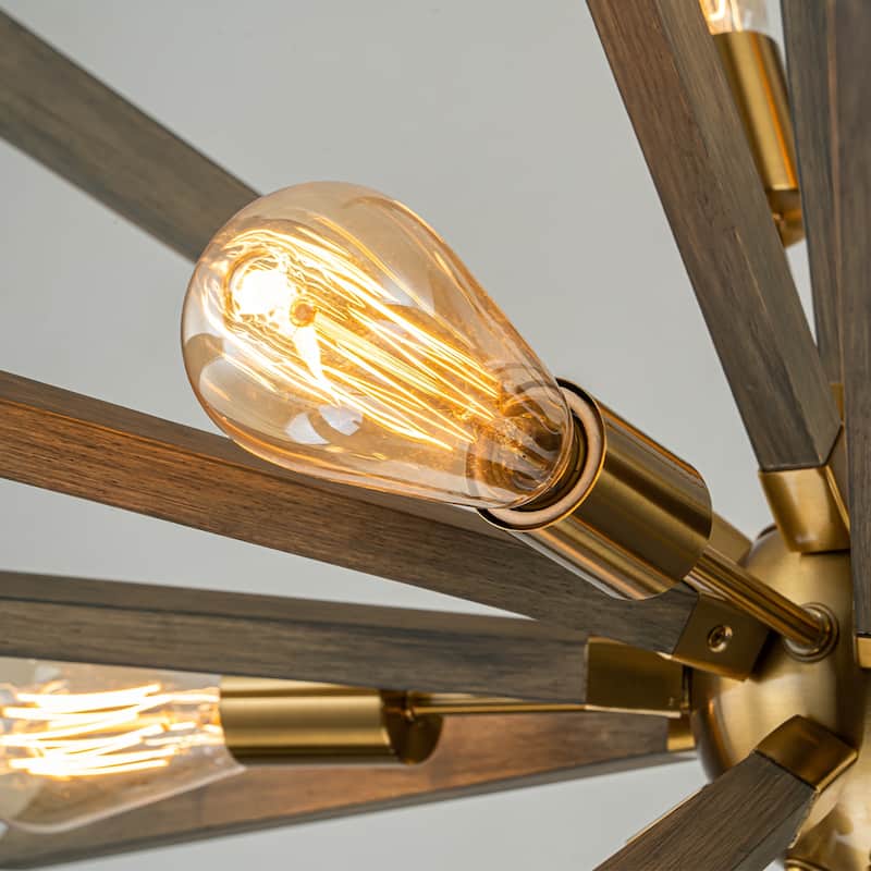 8-Light Gold Wood Farmhouse Sputnik Firework Chandelier Hanging Pendant Lighting - 40.2