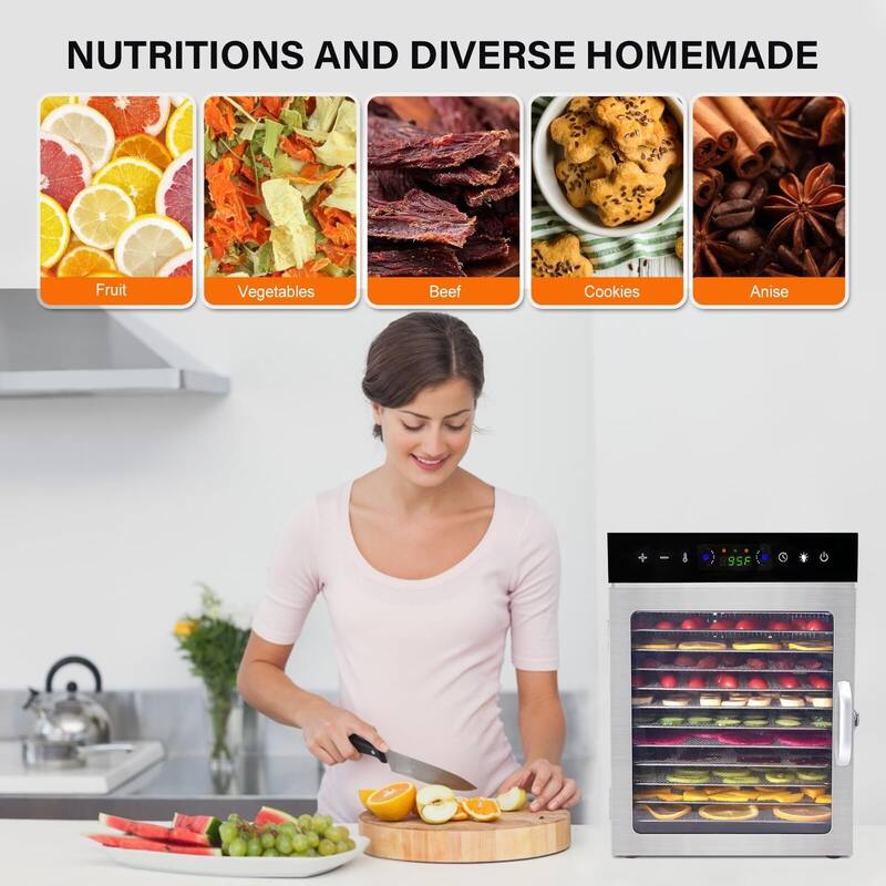 Food Dehydrator, Stainless Steel Trays Dehydrators for Food and Jerky, Herbs, Fruit, Dehydrator Machine with Digital Timer
